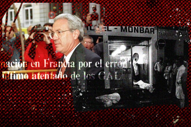 L’ancien ministre de l’intérieur espagnol, José Barrionuevo en 1998 et les victimes d’un commando du GAL à Bayonne en 1985. © Photo illustration Sébastien Calvet / Mediapart avec Sipa