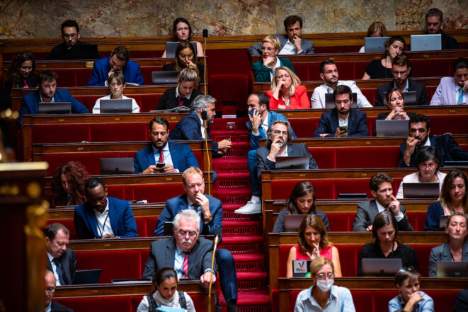 Les députés écologistes, insoumis et communistes à l'Assemblée nationale, le 27 juillet dernier. © Photo Amaury Cornu / Hans Lucas via AFP