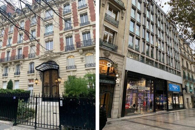 The buildings housing the apartment on Avenue Georges-Mandel, left, and the offices on Avenue des Champs-Élysées © Documents Mediapart