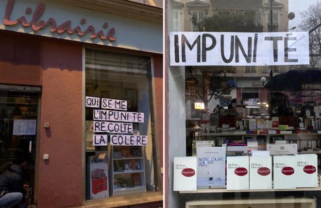 Les vitrines de la librairie Les Parleuses, à Nice, avant l'intervention des forces de l'ordre. © Collectif des collages féministes de Nice