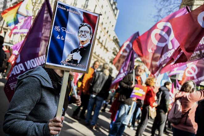 Lors de la marche des libertés à Paris, le 20 mars 2022. © Photo Sébastien Calvet / Mediapart