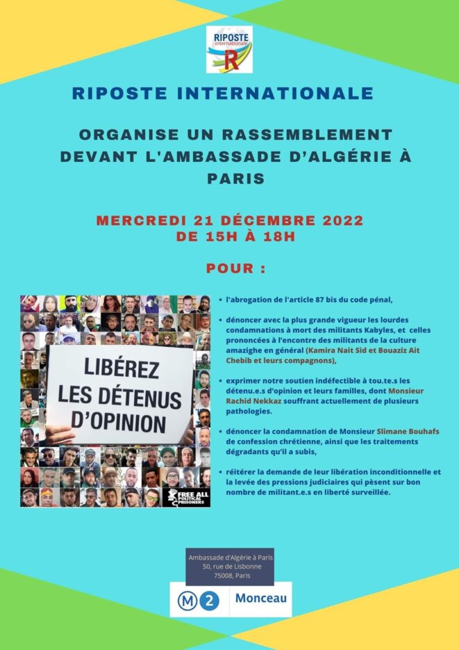 Rassemblement devant l'AMbassade d'Algérie 21 décembre 2022