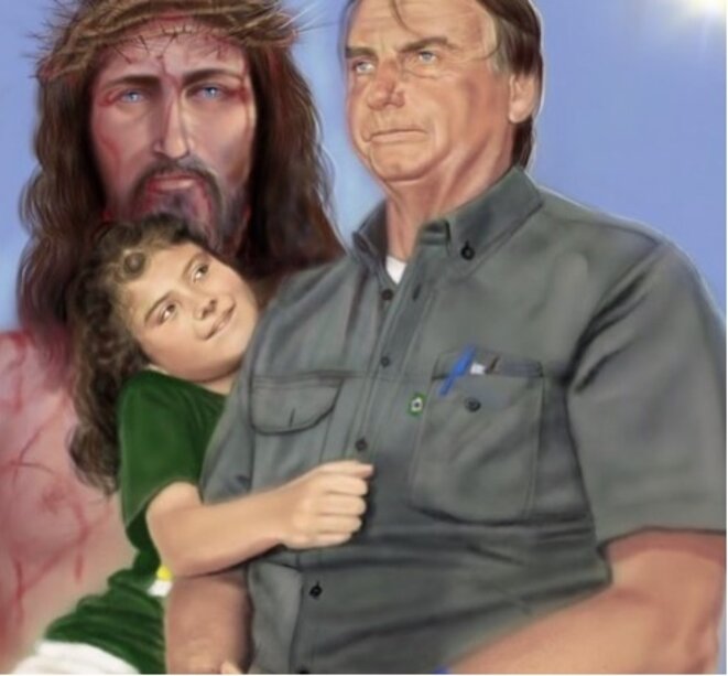 Jair Bolsonaro peint aux côtés d'une fillette et de Jésus (et non pas l'inverse !) © Capture d'écran