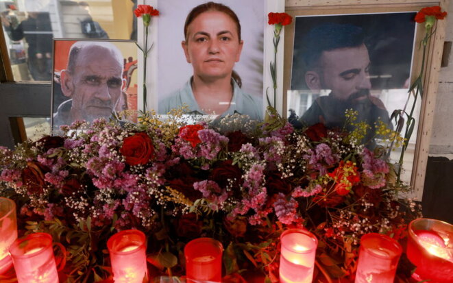 Portraits des trois victimes mortellement atteintes lors d'une cérémonie à leur mémoire. De gauche à droite: Abdurahman Kizil, Emine Kara, Mir Perwer. © LP/PhilippeLavieille