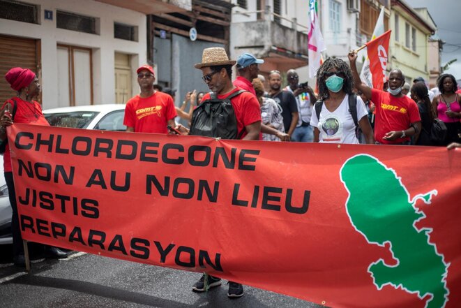Manifestation au Lamentin en Martinique pour réclamer justice dans l’affaire du chlordécone, le 28 mai 2022. © Photo Fanny Fontan / Hans Lucas via AFP