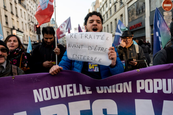 Marche contre la reforme des retraites, 21 janvier 2023, Paris. © Photo : Magali Cohen / Hans Lucas via AFP