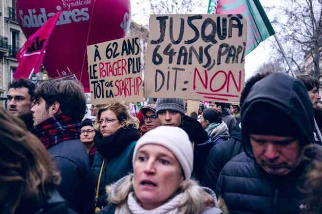 Lors de la manifestation contre la réforme des retraites à Paris, 19 janvier 2023. © Photo Marie Magnin pour Mediapart