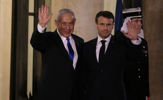 Emmanuel Macron et Benyamin Netanyahou à l’Élysée, le 2 février 2023. © Umit Donmez/Anadolu/AFP