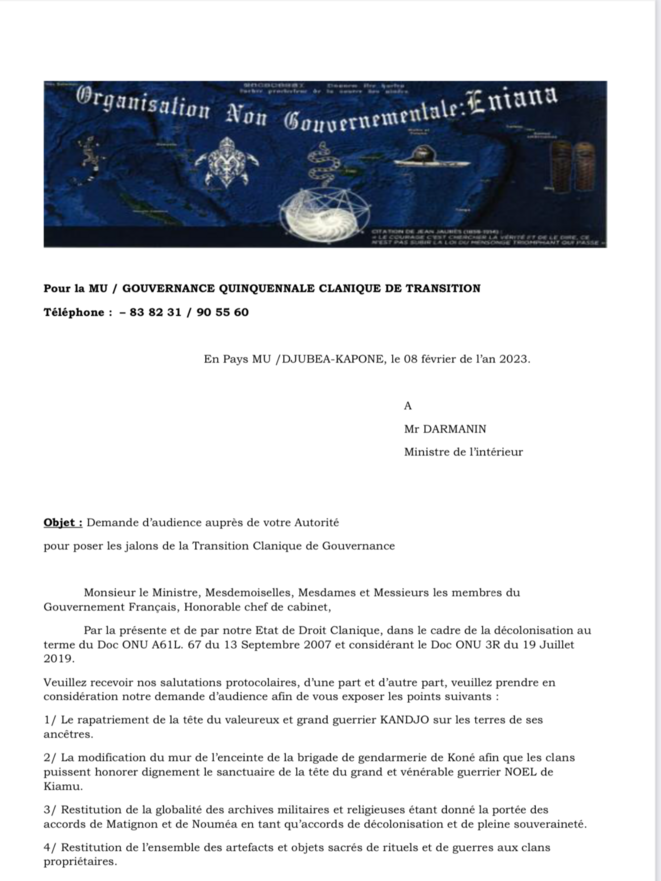 Les Coutumiers de Droit de l’ONG Kanak ENIANA demandent audience à Darmanin