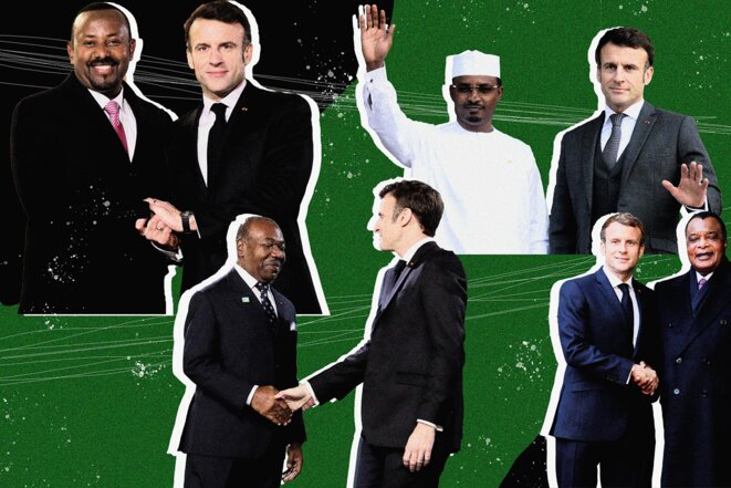 Emmanuel Macron avec Abiy Ahmed, Mahamat Idriss Déby, Ali Bongo et Denis Sassou-Nguesso © Photo illustration Sébastien Calvet / Mediapart avec AFP