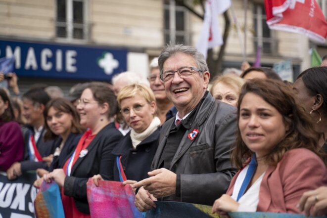 Jean-Luc Mélenchon lors de la marche contre la vie chère à Paris, le 16 octobre 2022. © Claire Serie / Hans Lucas / AFP