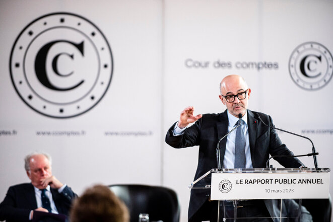 Présentation du rapport public annuel de la Cour des Comptes par Pierre Moscovici, à Paris, le 10 mars 2023. © Photo Come Sittler / REA