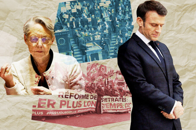 In a deepening crisis: French Prime Minister Élisabeth Borne and President Emmanuel Macron. © Photo illustration Sébastien Calvet / Mediapart avec AFP