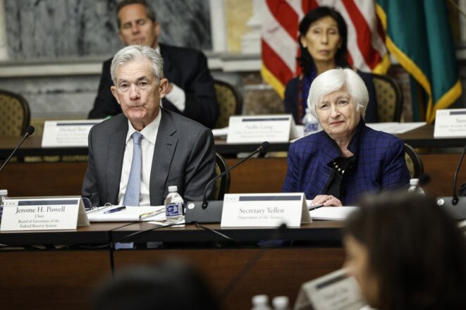 Jerome Powell, président de la Fed, et Janet Yellen, secrétaire au Trésor, en octobre 2022. © Anna Moneymaker / Getty Images via AFP