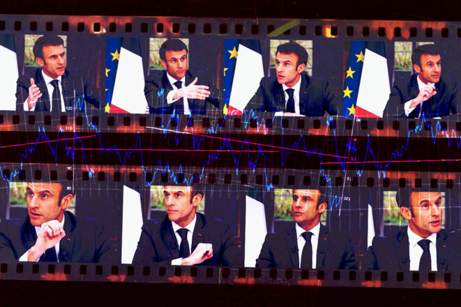 Lors de son interview télévisé du 22 mars, Emmanuel Macron a cherché à faire le lien entre sa politique fiscale et l’amélioration de l’emploi pour justifier la réforme des retraites. © Photo illustration Sébastien Calvet / Mediapart