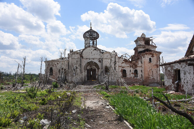 Remains of an Eastern Orthodox church after shelling near Donetsk International Airport