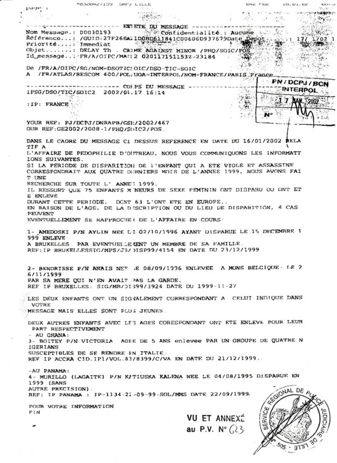 Document : Interpol dans le dossier Delay et autres, affaire dite d'Outreau