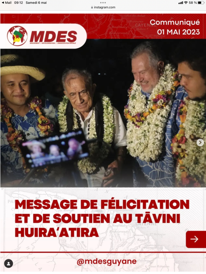 GUYANE - POLYNÉSIE. Mouvement de Décolonisation et d’Émancipation Sociale de la Guyane (MDES) FÉLICITATIONS au TĀVINI HUIRA’ATIRA. 01.05.2023