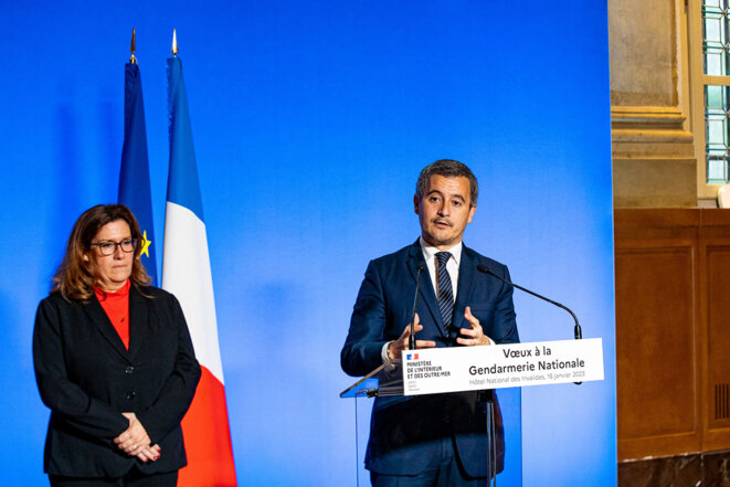 Interior minister Gérald Darmanin and the minister for citizenship, Sonia Backès, in Paris on January 16th 2023. © Photo Amaury Cornu / Hans Lucas via AFP