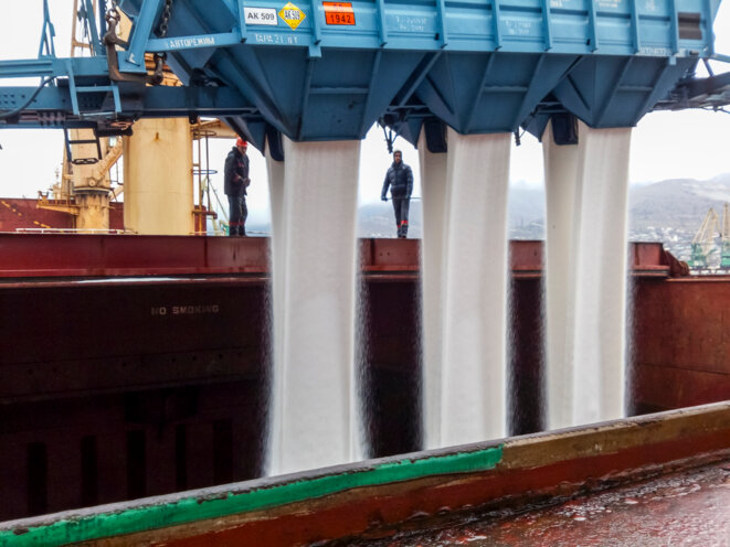 Chargement d'engrais minéraux dans la cale d'un navire. © Leonid Eremeychuk - iStock