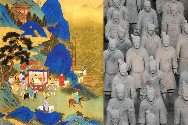 An 18th century  illustrating depicting the first Chinese emperor, Qin Shi Huang, visiting his empire; and some of the terracotta army of soldiers guarding the emperor's tomb. © Photos Wikimedias commons