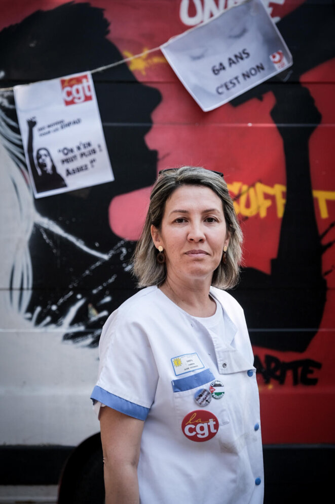 Sabrina Ghefsi, 46 ans, aide soignante, syndicaliste dans la section santé de la CGT. Lyon, le 6 juin 2023. BRUNO AMSELLEM/DIVERGENCE POUR « LE MONDE »