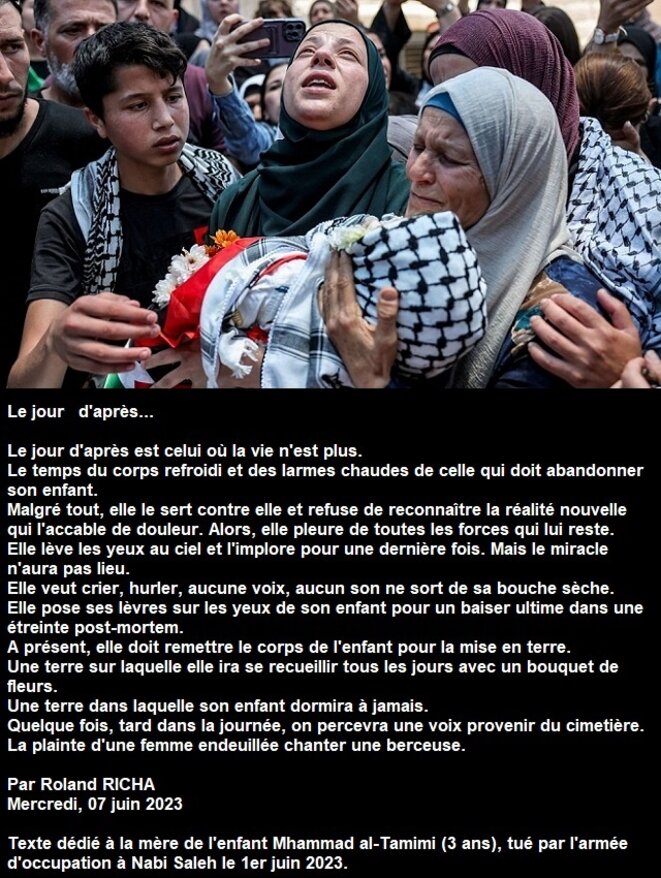 Texte dédié à la mère de l'enfant Mhammad al-Tamimi (3 ans), tué par l'armée d'occupation à Nabi Saleh le 1er juin 2023.