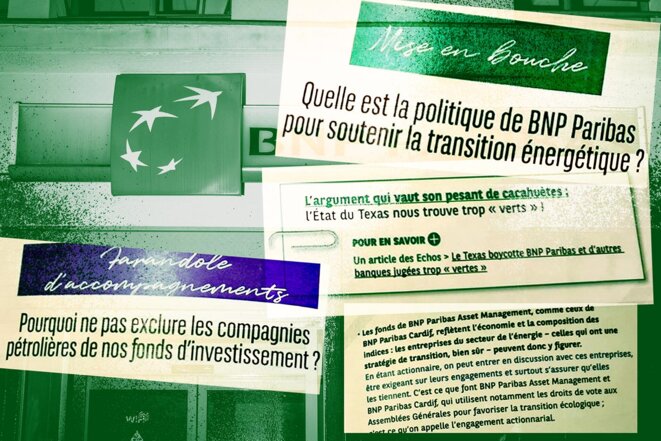Pages from the BNP Paribas guide to staff on how to respond to criticism of its financing of fossil fuel extraction. © Photomontage Mediapart avec AFP