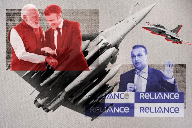 Clockwise from left: Narendra Modi and Emmanuel Macron, the Rafale fighter jet, and Reliance Group owner Anil Ambani. © Sébastien Calvet / Mediapart