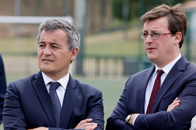 Hardline interior minister Gérald Darmanin (left) and Macron party MP Sacha Houlié. © Photo Ludovic Marin / AFP