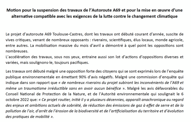 Le conseil municipal de Loubens-Lauragais demande l'arrêt des travaux de l'A69