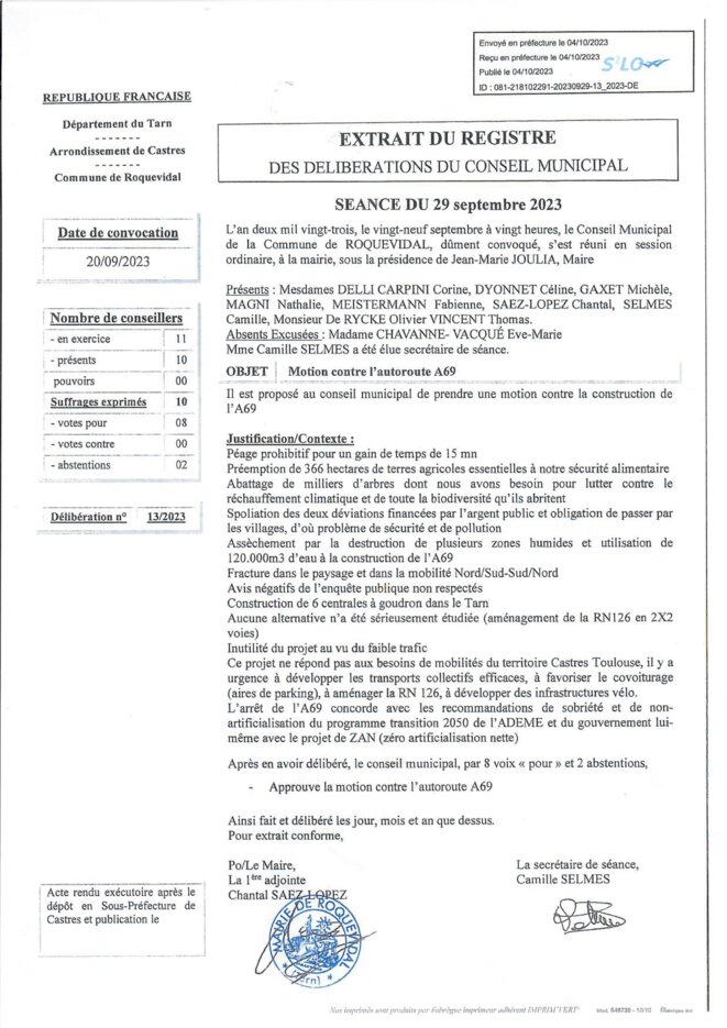 Le conseil municipal de Roquevidal demande l'arrêt des travaux de l'A69