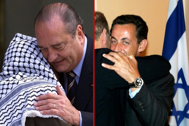 Turning points: Jacques Chirac with Yasser Arafat (left), and Nicolas Sarkozy with Ehud Olmert. © Photomontage Mediapart avec AFP