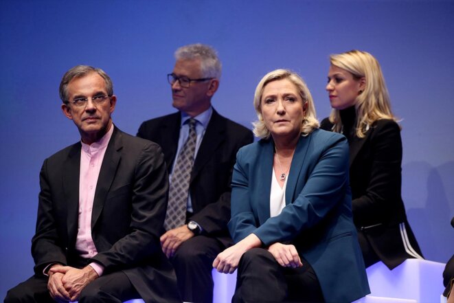 Thierry Mariani and Marine Le Pen at a meeting to launch the far-right RN's European election campaign in Paris, January 13th 2019. © Photo Alain Robert / SIPA