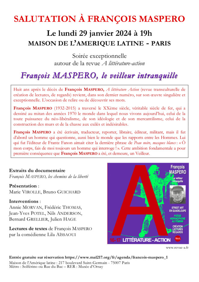 Pour saluer François Maspero la revue A, à la maison de l'Amérique latine, 29/1/24, 19h