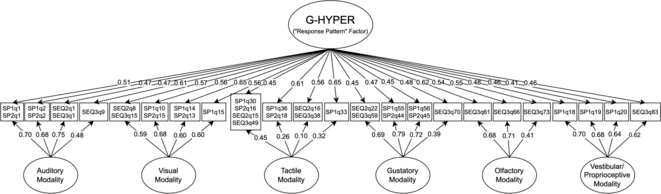 Diagramme de cheminement du modèle bifactoriel final pour le schéma de réponse hyperréactivité (HYPER) © Molecular Autism
