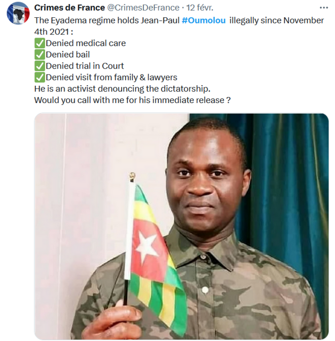 Jean-Paul Oumolou, militant togolais détenu arbitrairement depuis novembre 2021.