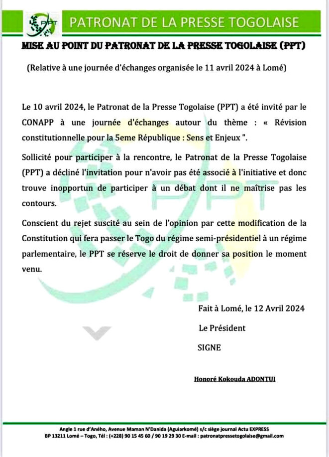 TOGO– Constitution : Le Patronat de la Presse Togolaise refuse d’être instrumentalisé