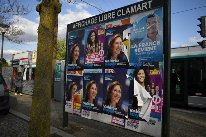 Campaign posters in the Paris suburb of Clamart, April 2024. © Photo Magali Cohen / Hans Lucas via AFP