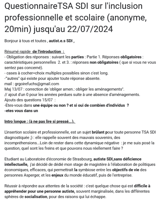 Autisme : questionnaire sur l'inclusion scolaire et professionnelle