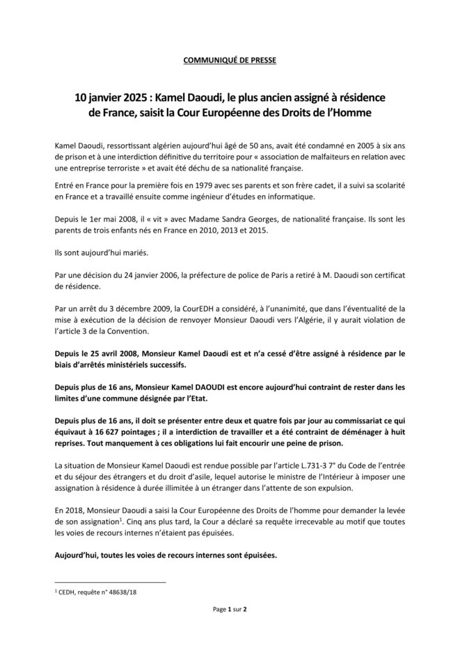 Communiqué de presse à l'occasion de la saisine de la CEDH