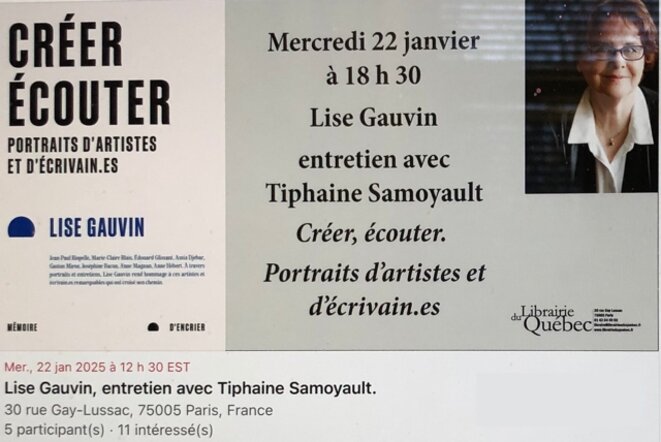 Lise Gauvin, Paris Librairie du Québec 22 janvier