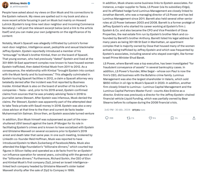 Les liens entre Elon Musk et Jeffrey Epstein. Par Whitney Webb (traduction).