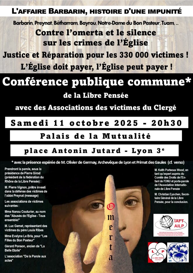 Samedi 11 Octobre, conférence à Lyon : L'affaire Barbarin, histoire d'une impunité Samedi 11 Octobre, conférence à Lyon : L'affaire Barbarin, histoire d'une impunité