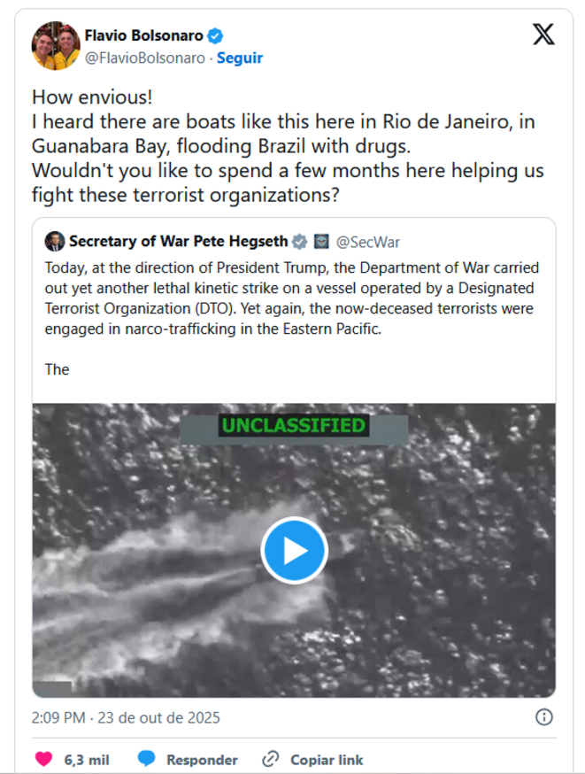 Sénateur, un fils Bolsonaro propose de bombarder les bateaux de narcotrafiquants