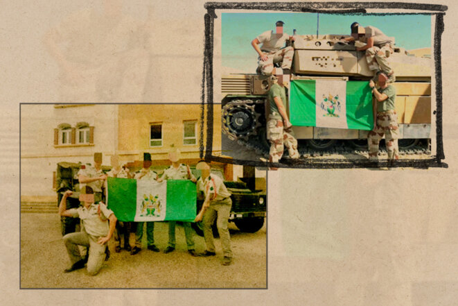 Des soldats français prennent la pose autour d’un drapeau associé au suprémacisme blanc