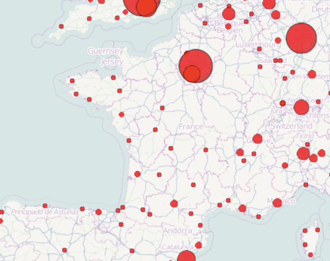 Carte des aéroports de plus d'un million de passagers en France (source: Wikipedia)