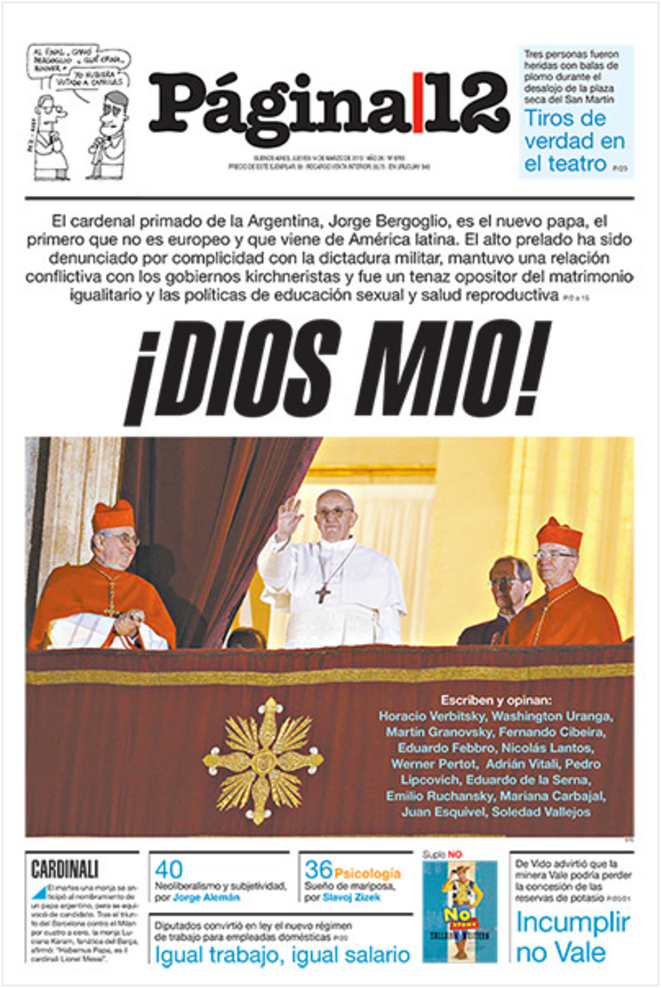 La Une de Página12 du 14 mars 2013. La Une de Página12 du 14 mars 2013.