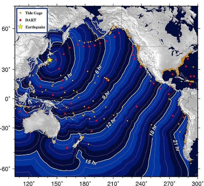Carte des temps de parcour du tsunami du 11 mars 2011 © NOAA Carte des temps de parcour du tsunami du 11 mars 2011 © NOAA