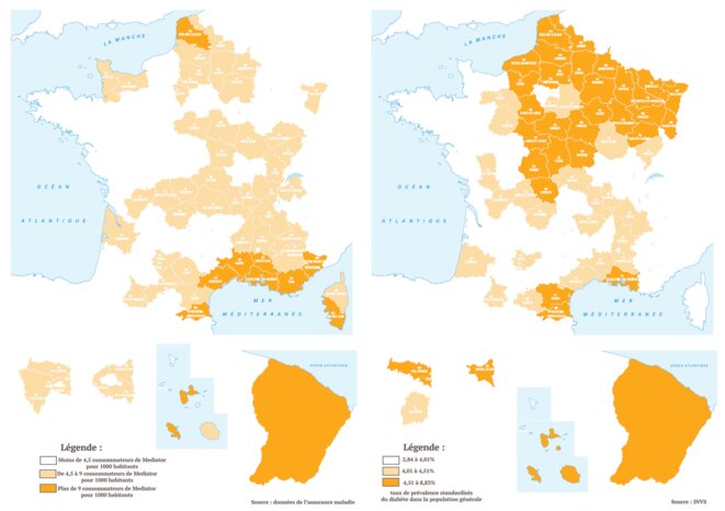 Carte des prescriptions de Mediator en 2008-2009 (à gauche) et de la prévalence du diabète (à droite) © Mediapart Carte des prescriptions de Mediator en 2008-2009 (à gauche) et de la prévalence du diabète (à droite) © Mediapart